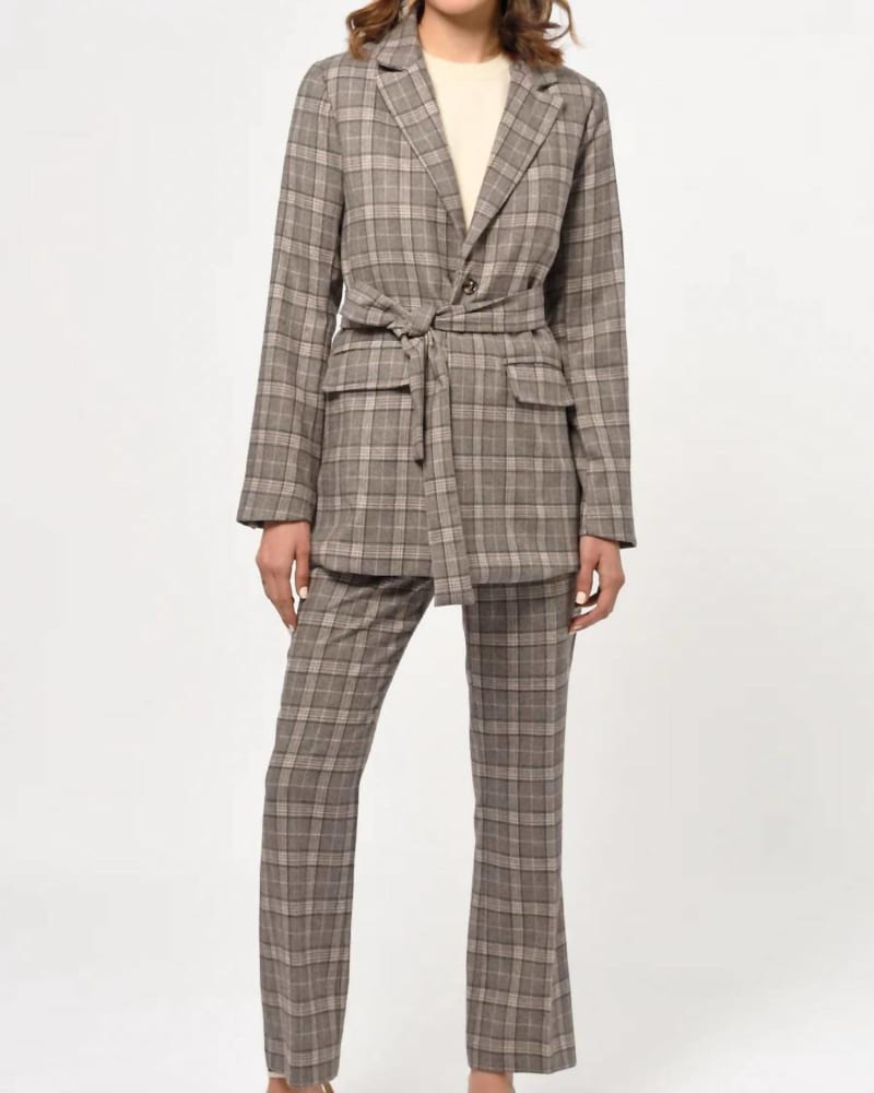 Front of a model wearing a size LARGE Indala Check Trouser In Brown in Brown by GREYLIN. | dia_product_style_image_id:360427